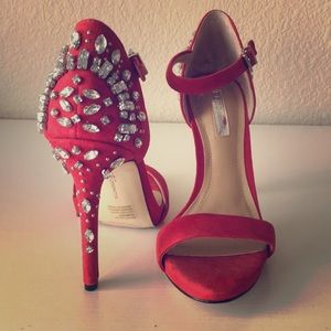 BCBG Gem embellished red suede heels